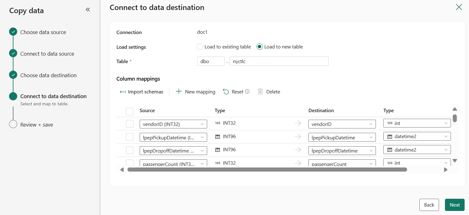 Een schermopname van de tabelnaam die moet worden aangemaakt in de Warehouse-bestemming.