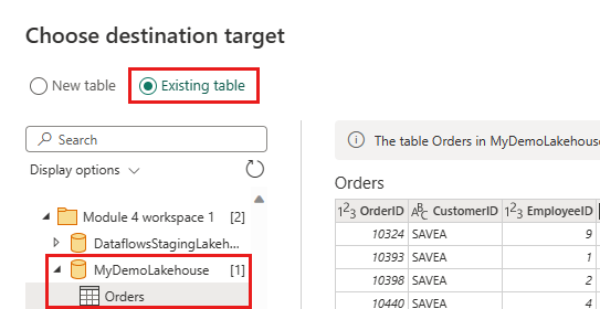 Schermopname van de bestaande tabel orders.