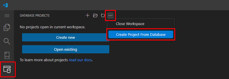 Schermafbeelding van Visual Studio Code met de optie Project maken op basis van database.