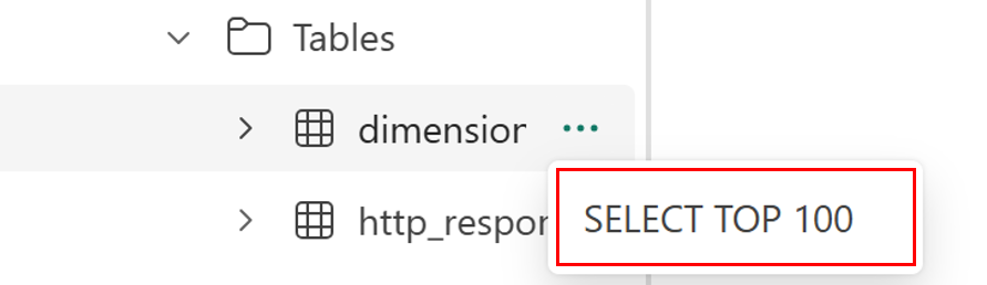 Schermafbeelding van de notebookervaring van SQL Database, met de optie SELECT TOP 100 naast een tabel in de Object Explorer.