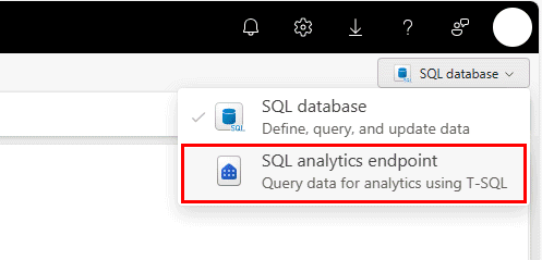 Schermopname van de Fabric-portal van de vervolgkeuzelijst voor SQL-database of SQL-analytics-eindpunt.
