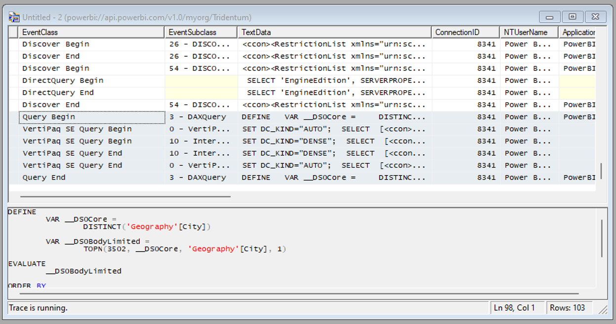 schermopname van queryverwerkingsevenementen in SQL Server Profiler.
