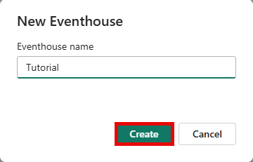 Schermopname van de Eventhouse-interface met het dialoogvenster Eventhouse-naam en de knop Maken gemarkeerd.