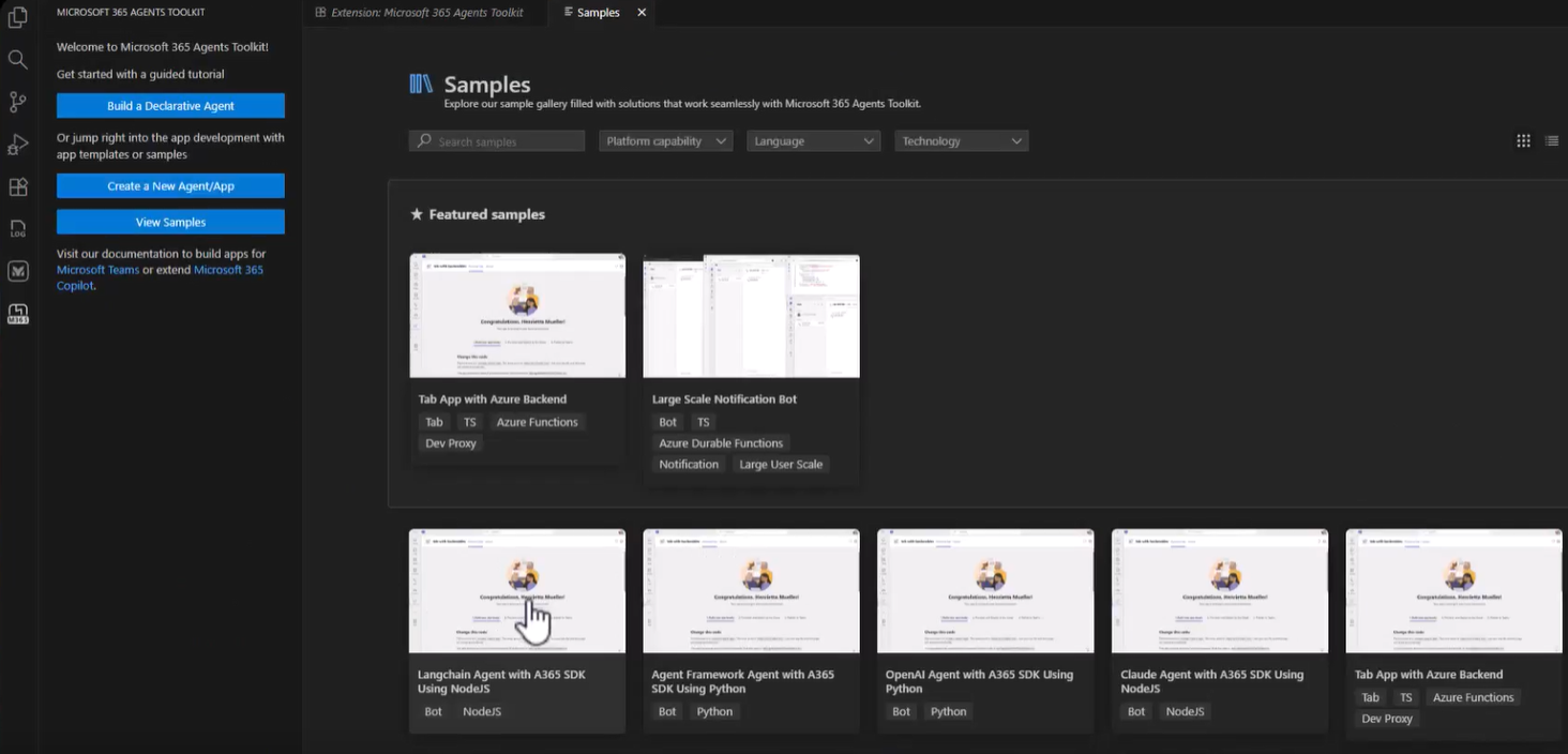 Schermopname van de welkomstweergave van de toolkit met de opties voor het bouwen van een declaratieve agent, het maken van een nieuwe agent of app en het weergeven van voorbeelden.