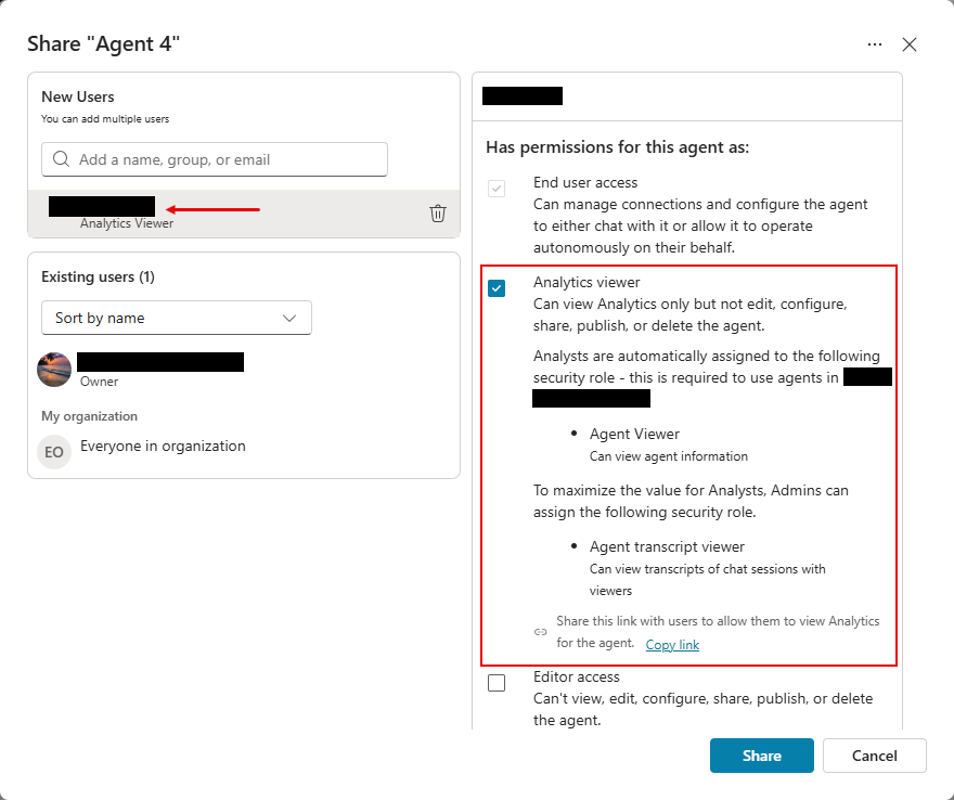Schermopname van het deelvenster Deelagent dat een gebruiker de toegang als Analytics Viewer verleent.