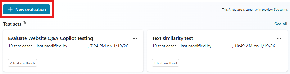 Screenshot met de knop Nieuwe test aanmaken op de Evaluatiepagina.