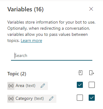 Schermopname van het paneel Variabelen met twee variabelen en een combinatie van in- en uitvoer geselecteerd.