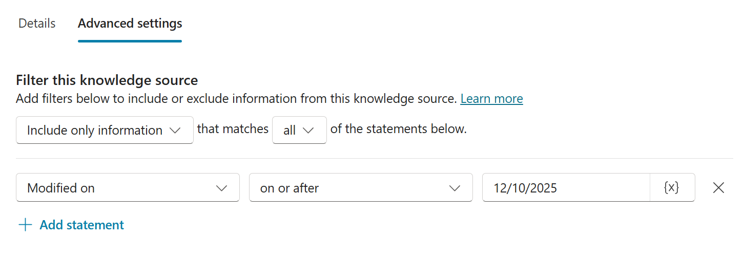 Schermopname van de geavanceerde instellingen van de SharePoint-kennisbron, met een voorbeeld van de geconfigureerde instellingen.