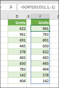 Screen shot of the `SORT` function displaying multiple results down into multiple cells.