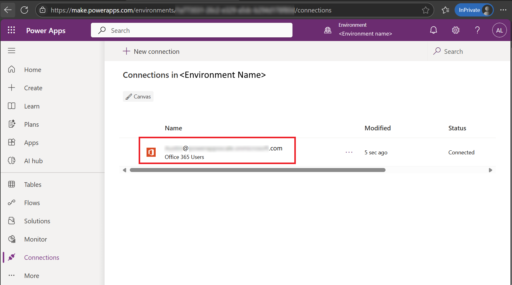 Select a connection in Power Apps to view its details