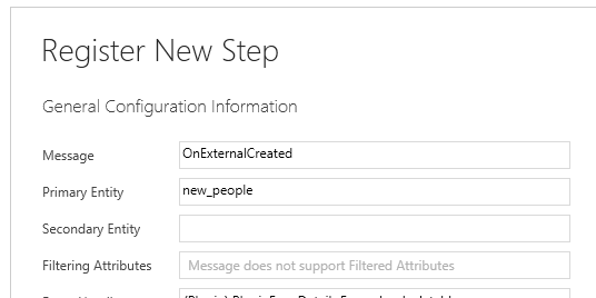 Registreer een invoegtoepassingsstap in het OnExternalCreated-bericht voor de entiteit new_people.