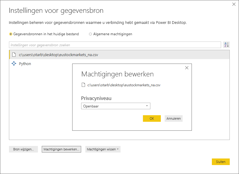 Schermopname van het dialoogvenster Instellingen voor gegevensbron, waarin het privacyniveau is ingesteld op Openbaar.