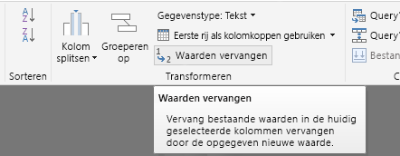 Schermafbeelding toont een kolom die is gemarkeerd met 'Waarden vervangen' geselecteerd op het lint.