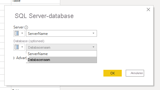 Schermopname waarop de server- en databasenaam worden toegewezen.