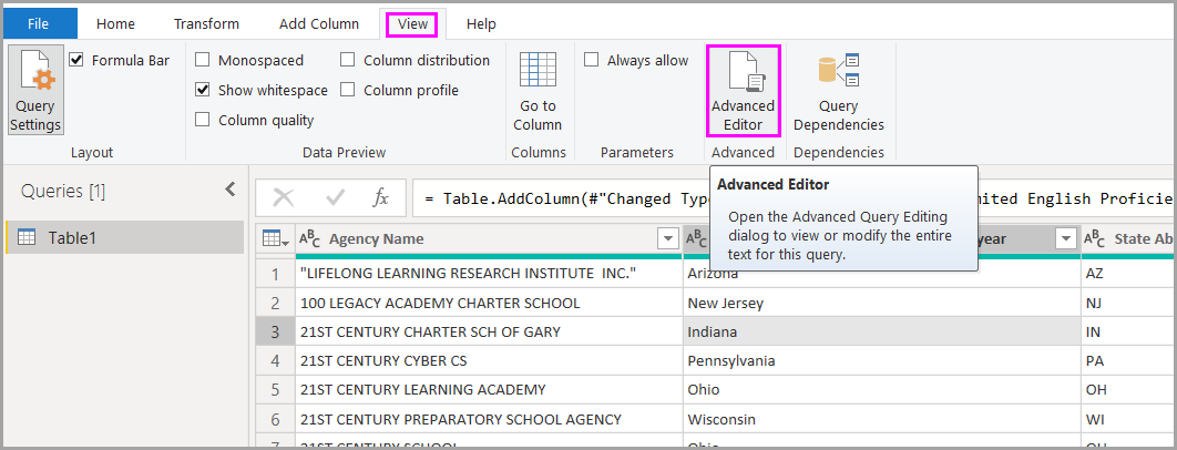 schermopname van De Power Query-editor met de knop Geavanceerde editor gemarkeerd op het tabblad Beeld.