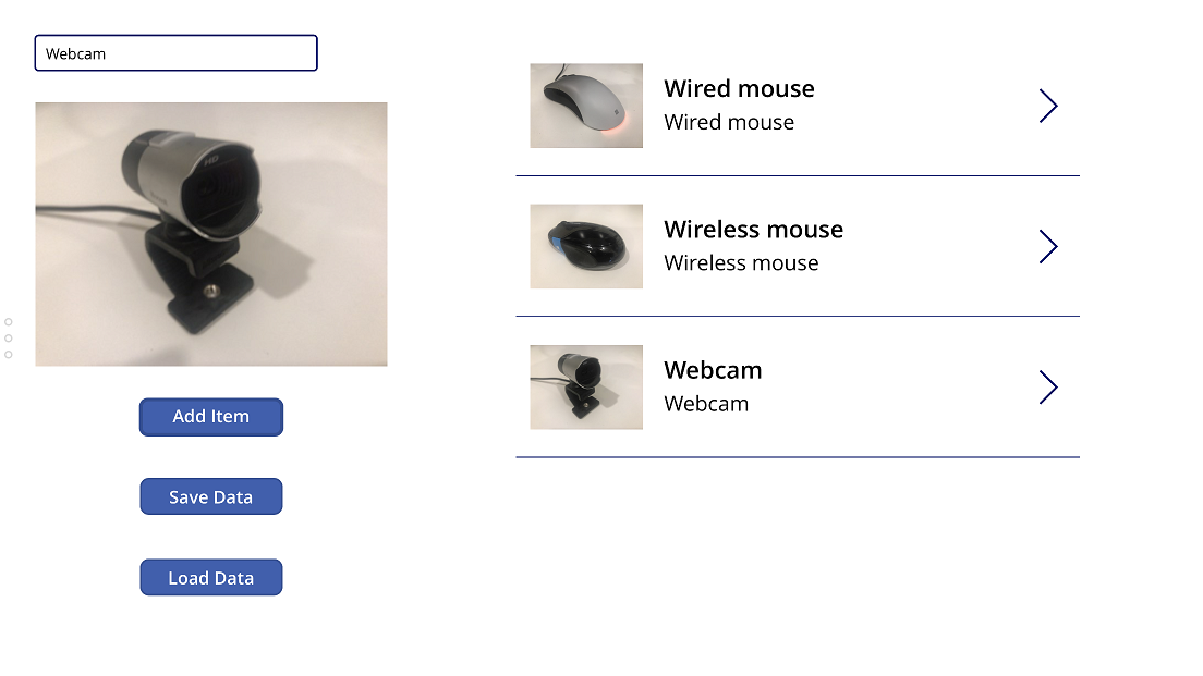App wordt uitgevoerd met drie items toegevoegd.
