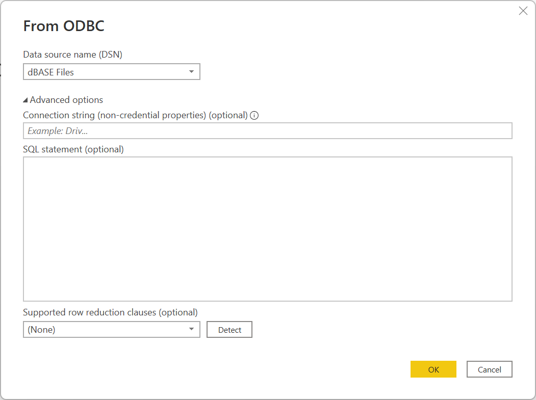 Schermopname van het dialoogvenster O D B C-connector, met de opties D S N en Geavanceerd.