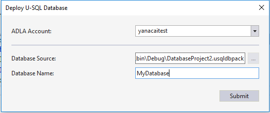 Data Lake-hulpprogramma's voor Visual Studio--implementatiewizard voor U-SQL-databaseproject