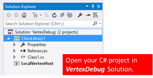 Schermopname van Solution Explorer in Visual Studio, met de VertexDebug Solution.