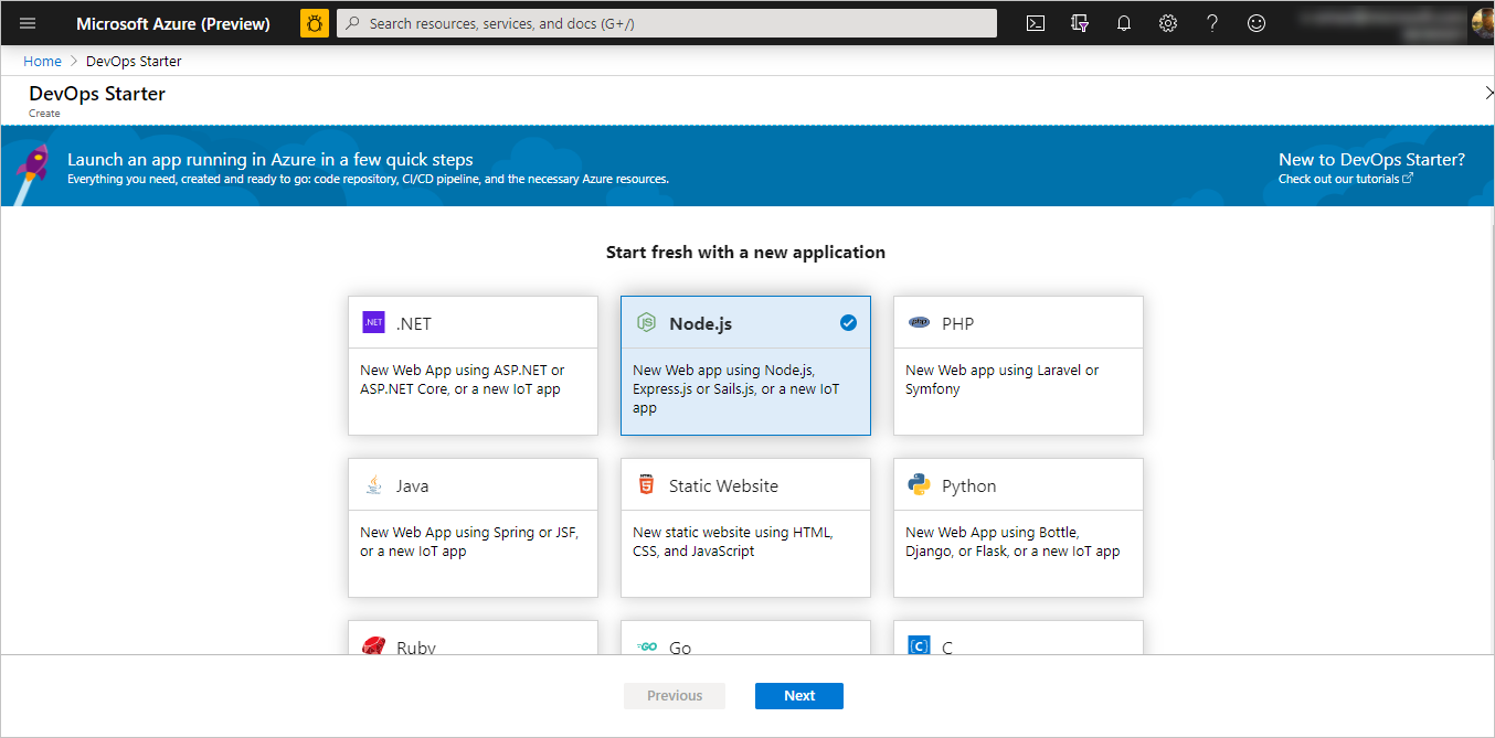 Selecteer het Node.js voorbeeld
