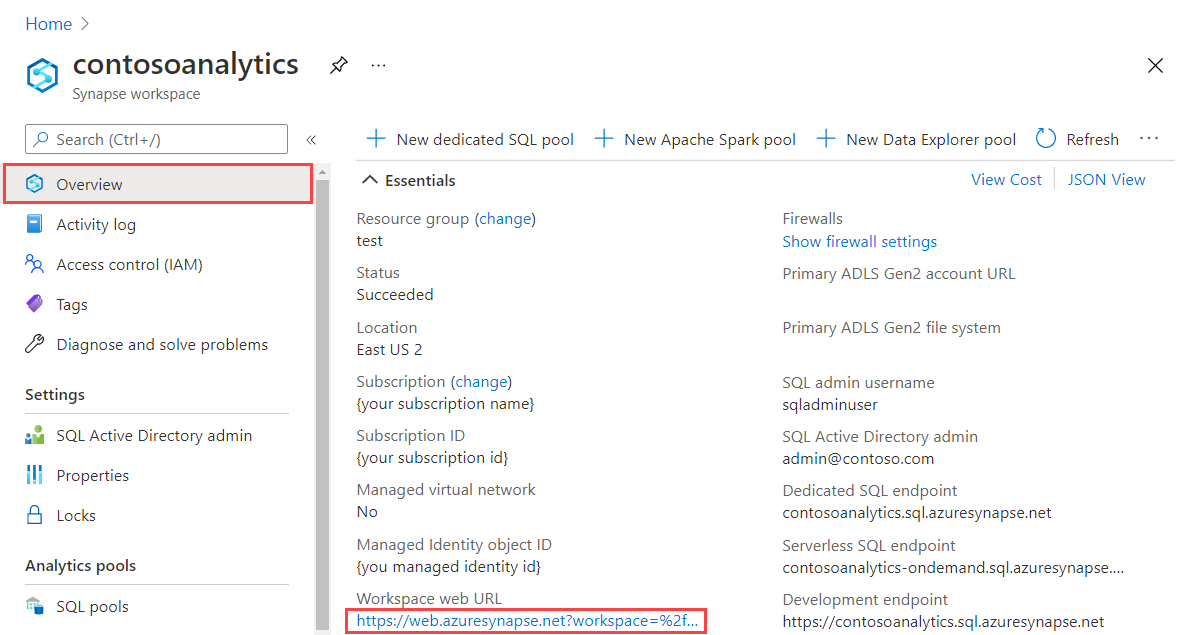 Overzicht van Synapse-werkruimte in Azure Portal met Synapse Studio starten gemarkeerd.