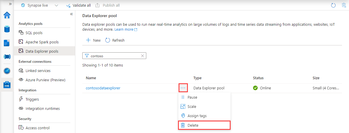 Vermelding van Data Explorer-pools, waarbij de onlangs gemaakte pool is geselecteerd.