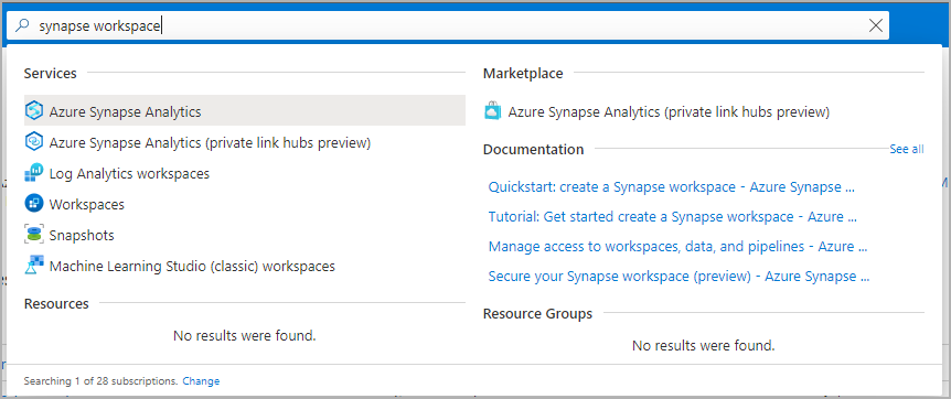 Zoekbalk in de Azure-portal met Synapse-werkruimten ingevoerd.
