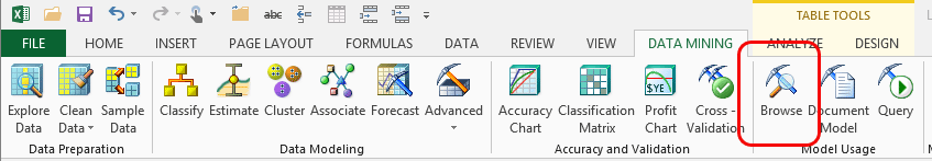 Browse Model button in Data Mining ribbon Browse Model button in Data Mining ribbon
