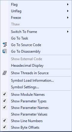 Shortcut menu in Parallel Stacks window Shortcut menu in Parallel Stacks window