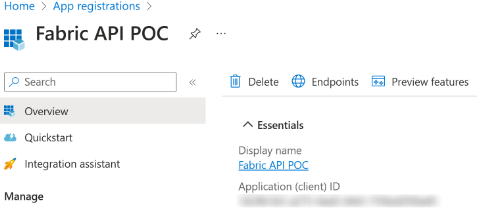 Schermopname van een app in Azure Na registratie.