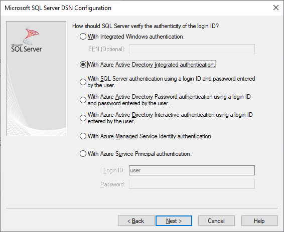 Het scherm voor het maken en bewerken van DSN met geïntegreerde Microsoft Entra-verificatie geselecteerd.