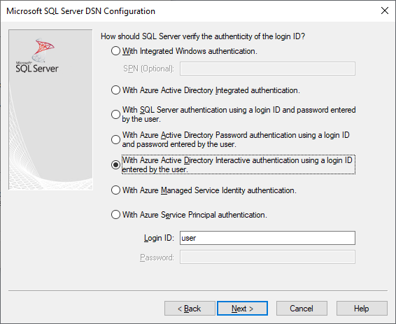 Het scherm voor het maken en bewerken van DSN met Microsoft Entra Interactive-verificatie geselecteerd.