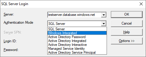 Het dialoogvenster SQL Server-aanmelding weergegeven door SQLDriverConnect.
