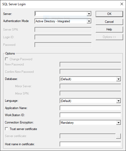 Schermopname van het dialoogvenster Aanmelding bij SQL Server.