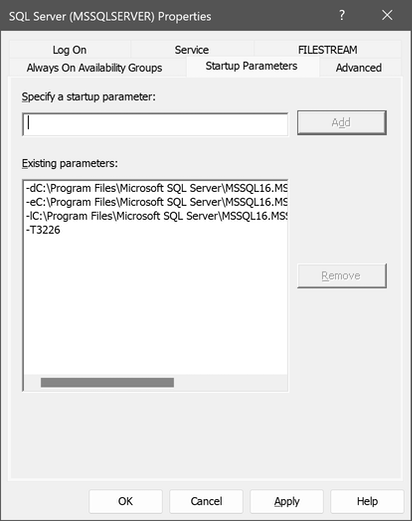 Schermopname van het dialoogvenster SQL Server (MSSQLSERVER) Eigenschappen, met het tabblad Opstartparameters geselecteerd.