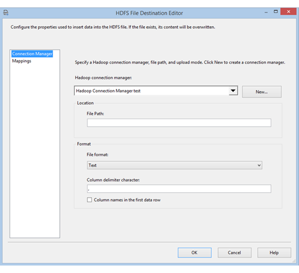 HDFS File Destination Editor HDFS File Destination Editor