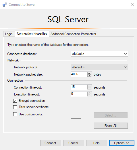 schermopname van het dialoogvenster SQL Server Management Studio-verbinding.
