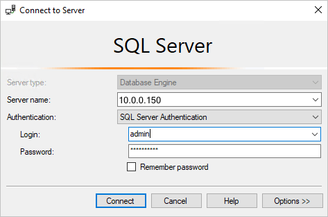 Schermopname van SQL Server Management Studio: Verbinding maken met SQL Database-server.