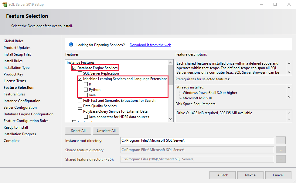 Installatie van SQL Server 2019 Language Extensions.