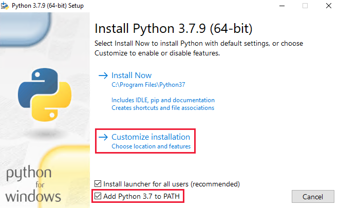 Installatie van Python 3.7 - Python 3.7 toevoegen aan PATH