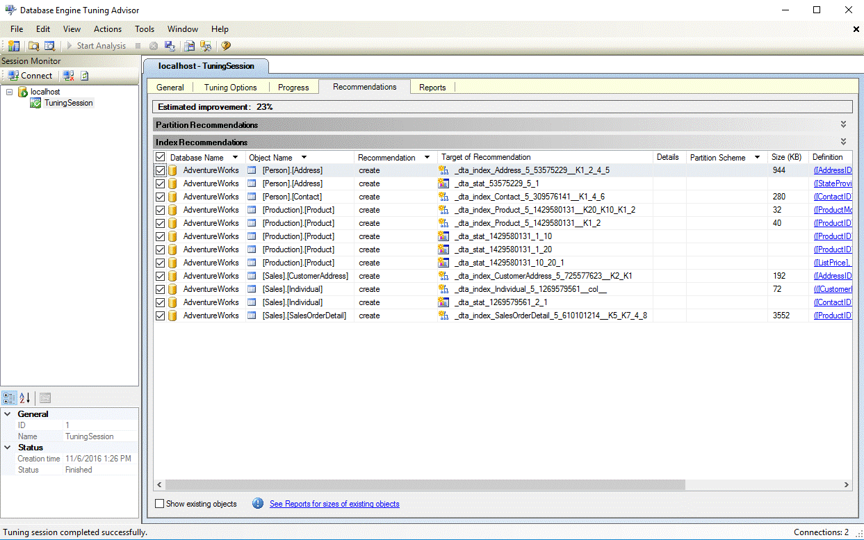Aanbeveling voor DTA columnstore-index
