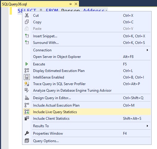 Schermafbeelding van SQL Server Management Studio, met de knop Live Query Stats in het pop-upmenu.