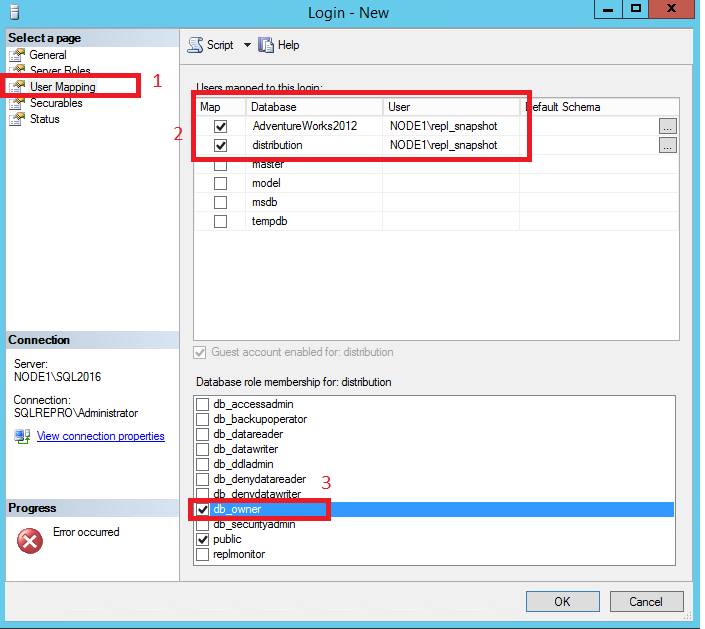 Schermopname van het selecteren van de databases en hun rol.