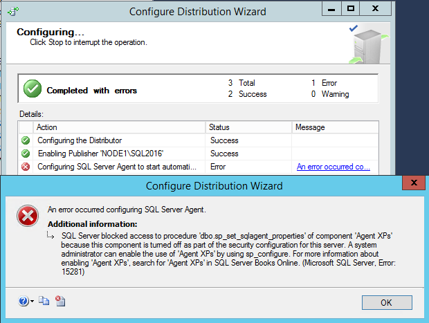 Schermopname van het foutbericht voor het configureren van de SQL Server Agent.