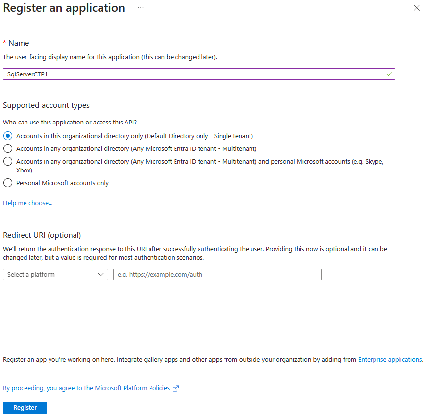 Schermopname van het registreren van de toepassing in Azure Portal.