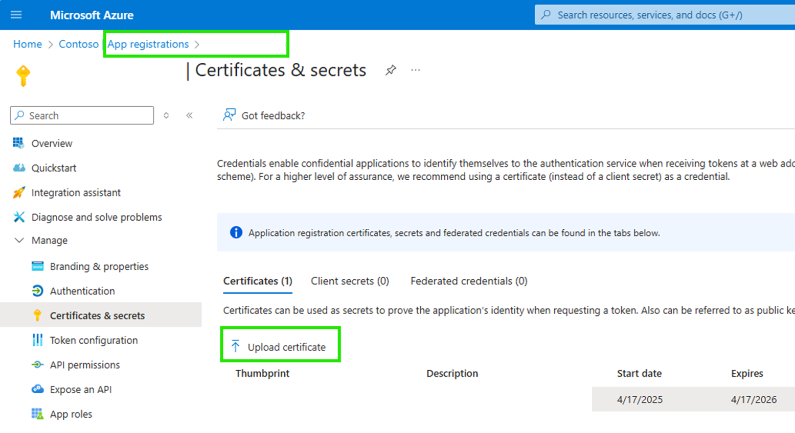 Schermopname van het uploaden van een certificaat voor de toepassing in Azure Portal.