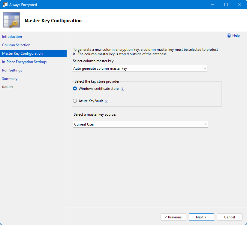 Schermopname van de hoofdsleutelselectie van de wizard Always Encrypted met behulp van het certificaatarchief.