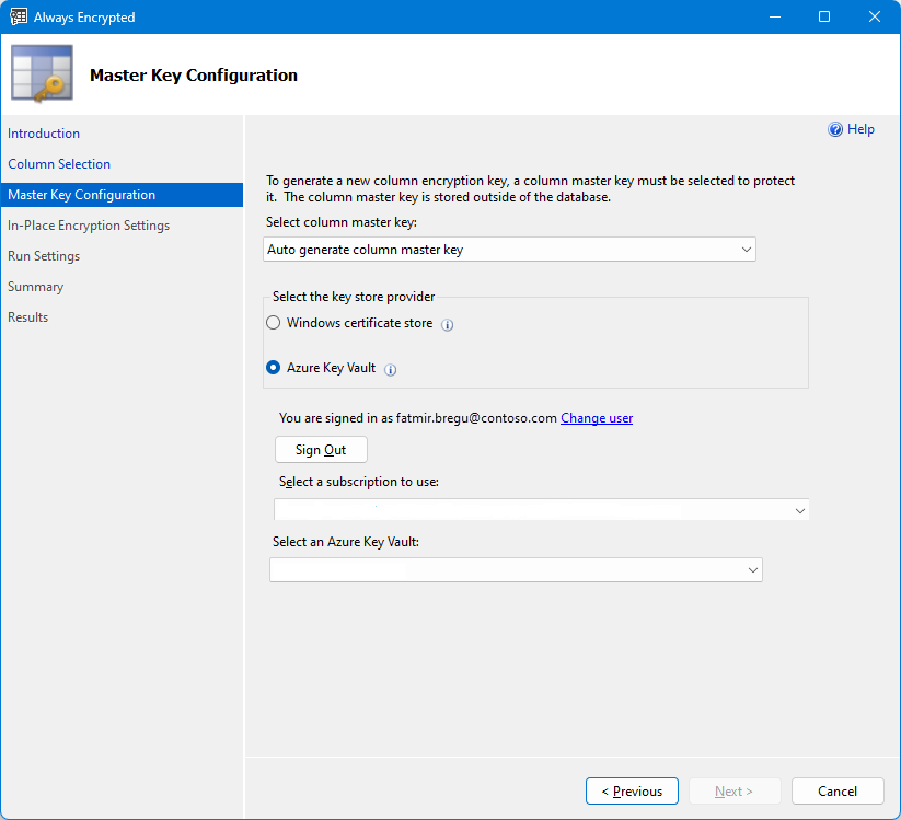 Schermopname van de hoofdsleutelselectie van de wizard Always Encrypted met behulp van Azure Key Vault.