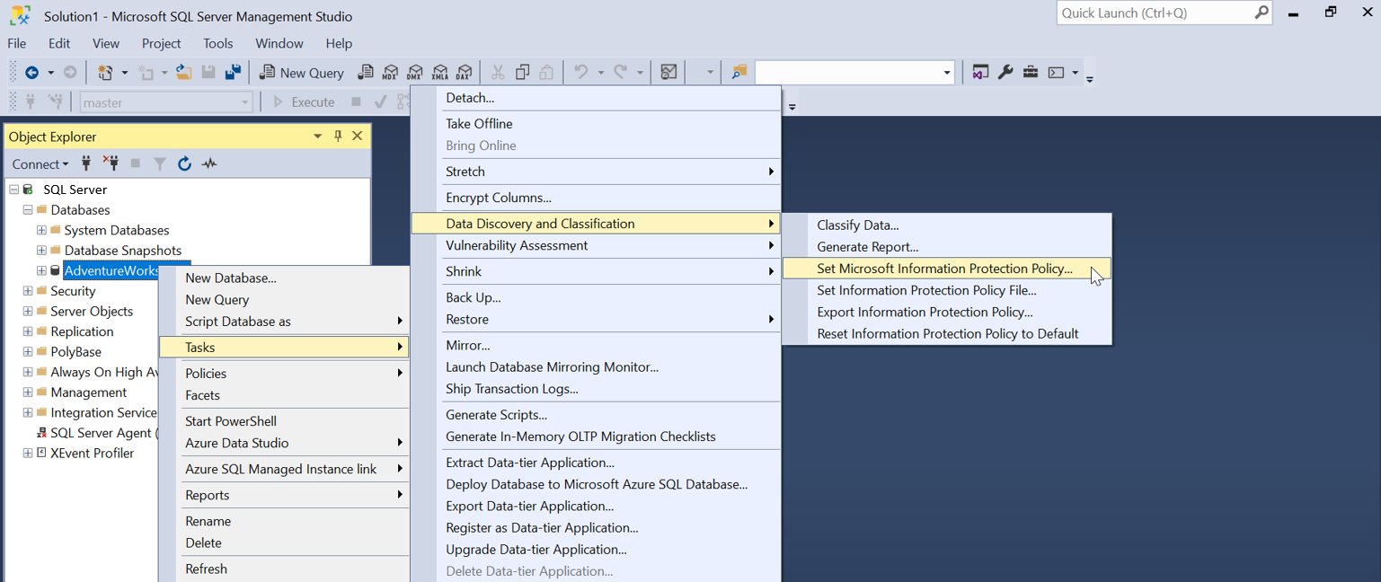 Schermopname voor het instellen van Microsoft Information Protection-beleid in SSMS