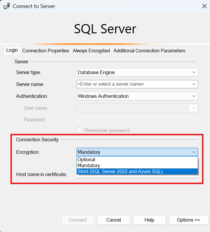 Schermopname van het dialoogvenster Verbinding maken met server in SQL Server Management Studio.